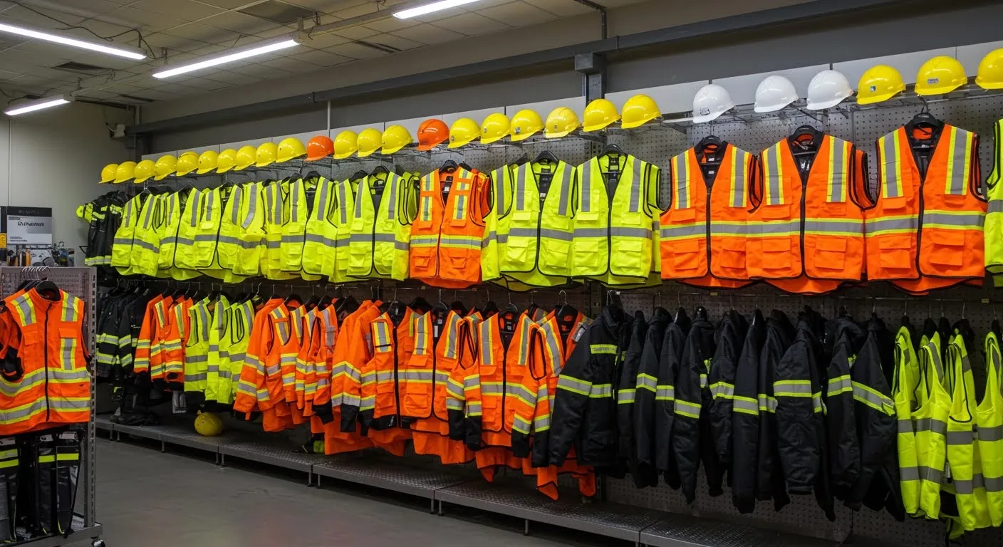 A wall of high-visibility safety vests and hard hats arranged on racks in the SafeGear supply showroom.