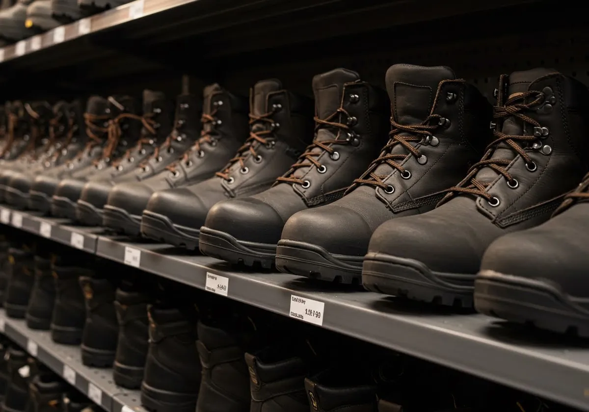 Rows of steel-toe leather safety work boots lined up on shelving at SafeGear.