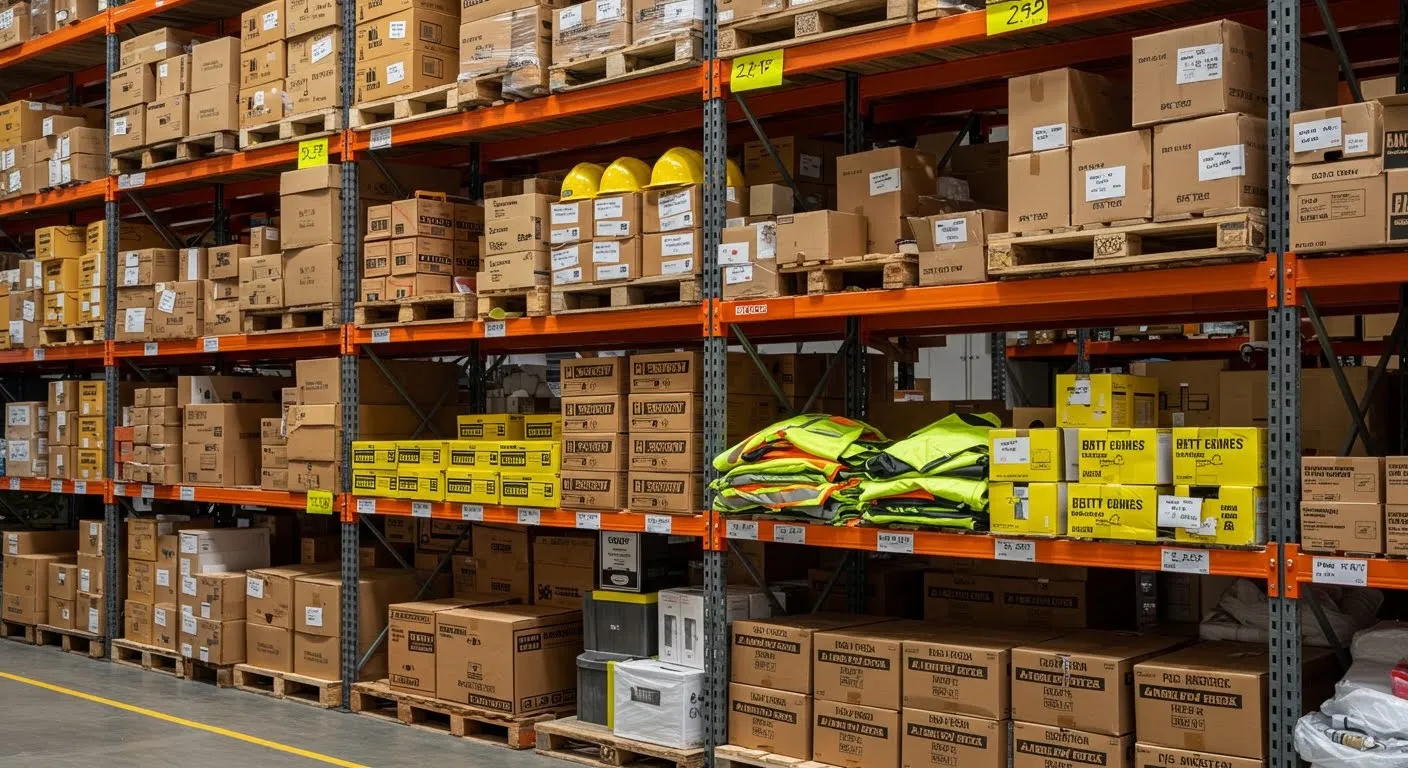 Well-stocked warehouse shelving filled with boxed PPE, hard hats and folded hi-vis vests at SafeGear.