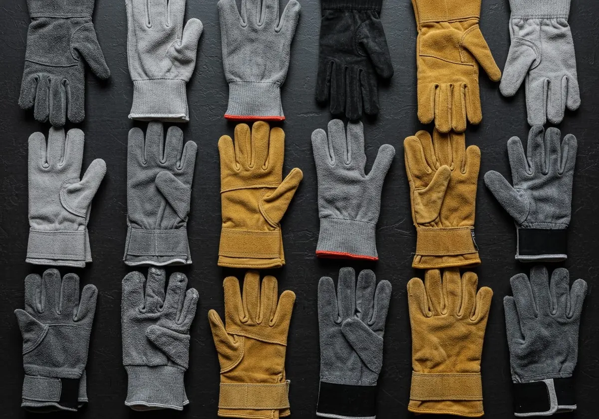 An assortment of cut-resistant, thermal and leather work gloves arranged in rows.